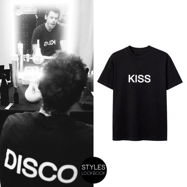 Harry Styles wearing Kiss Disco slogan T-shirt backstage
