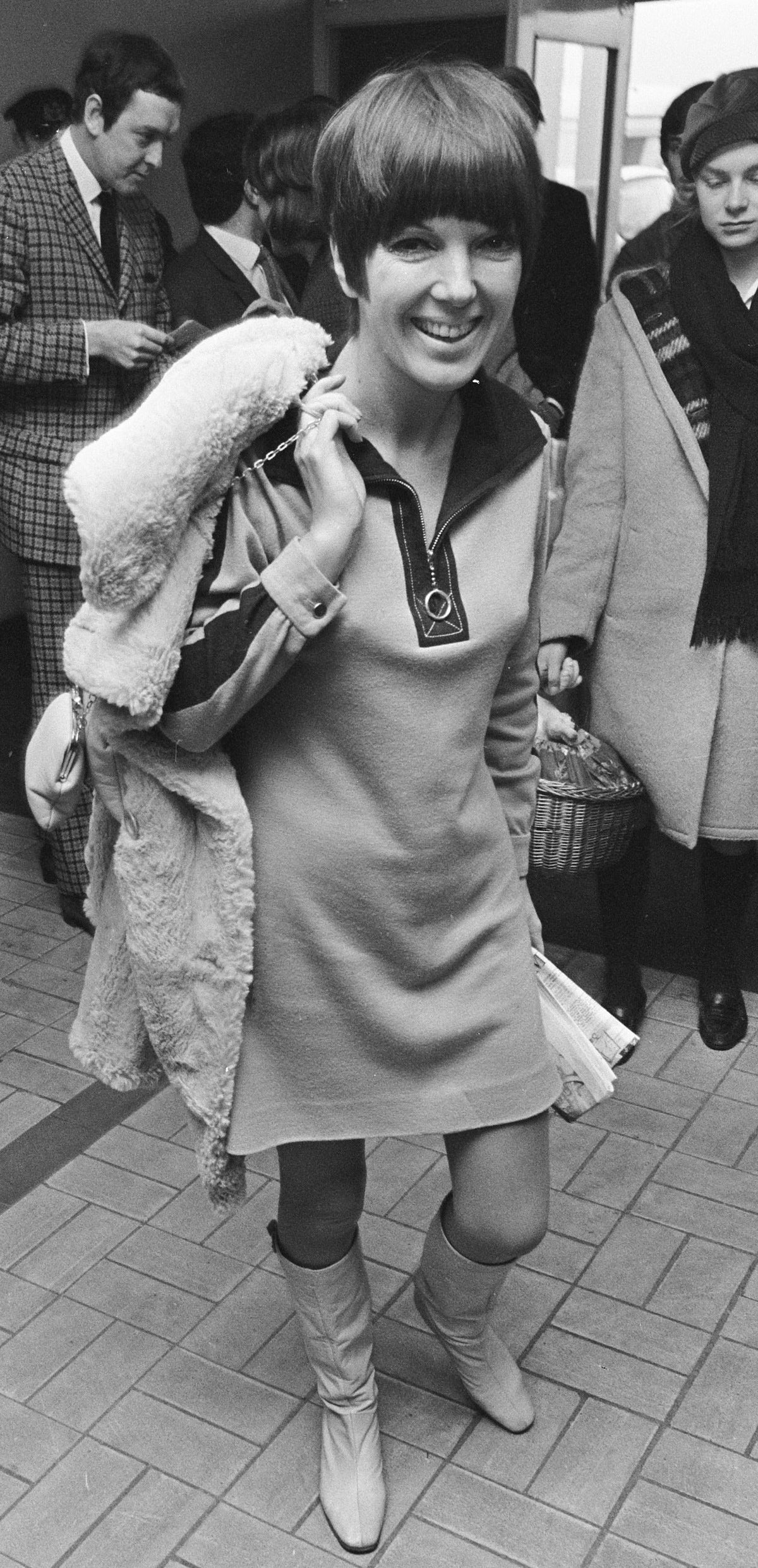 Mary Quant wearing a 1966 minidress design
