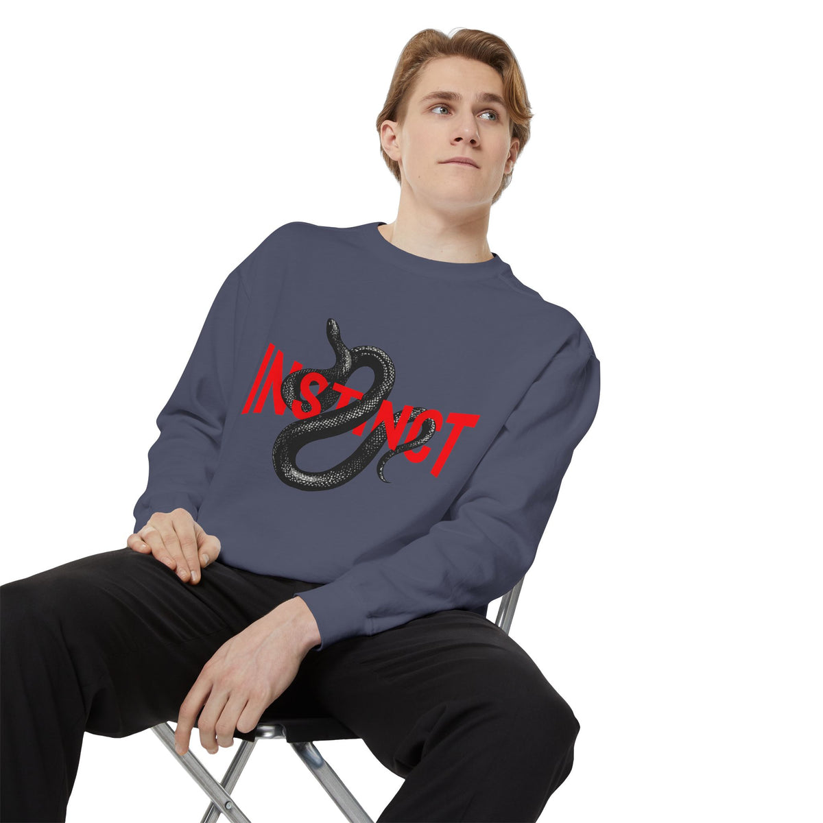 Instinct Snake Sweatshirt — Graphic Crewneck with Bold Red Text