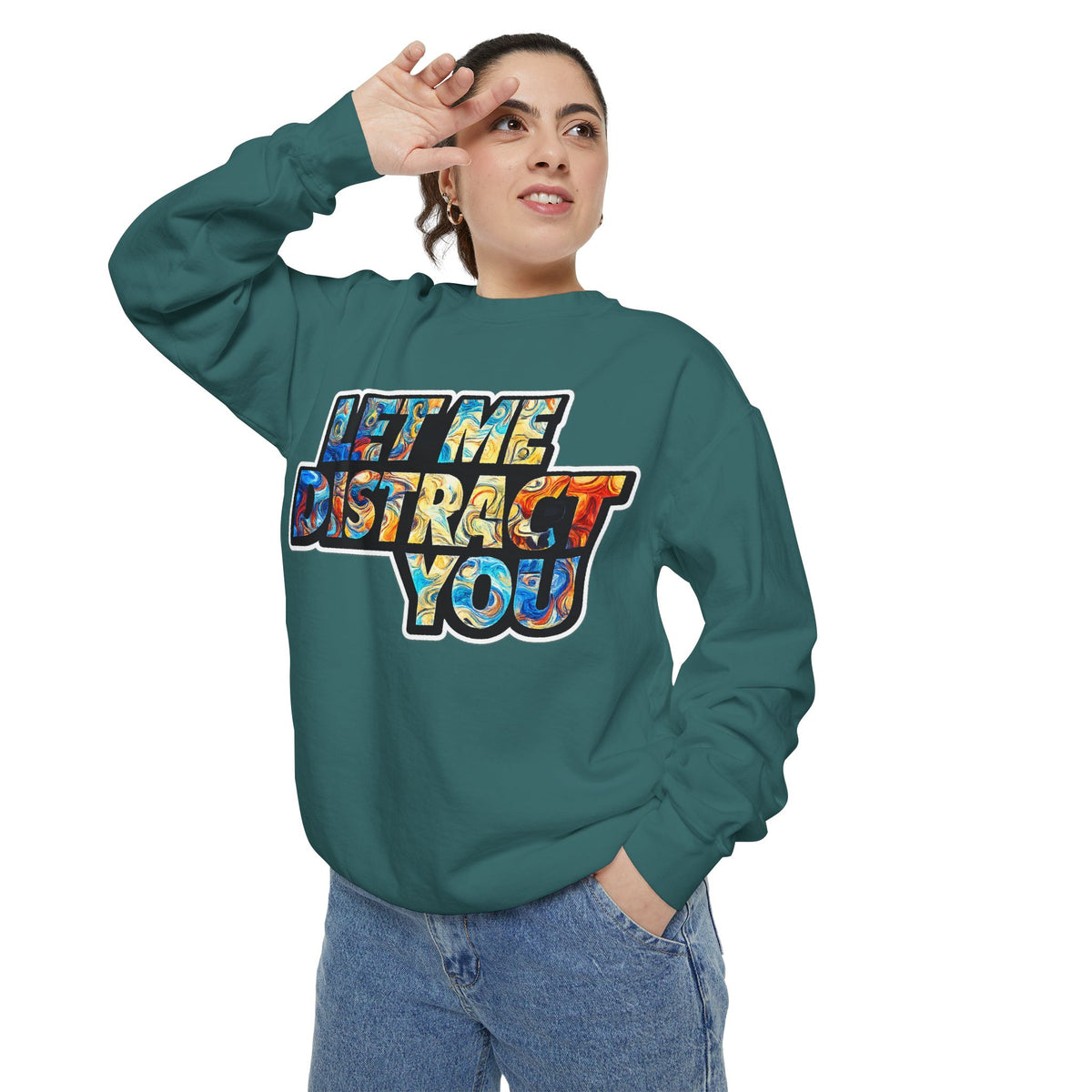 Let Me Distract You Sweatshirt — Colorful Retro Graphic Crewneck