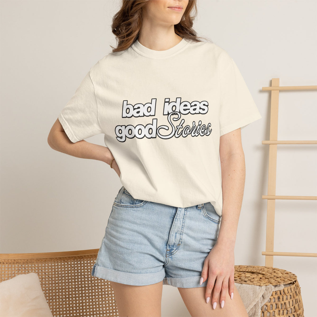 T-Shirt — “bad ideas good stories” Retro Script Tee