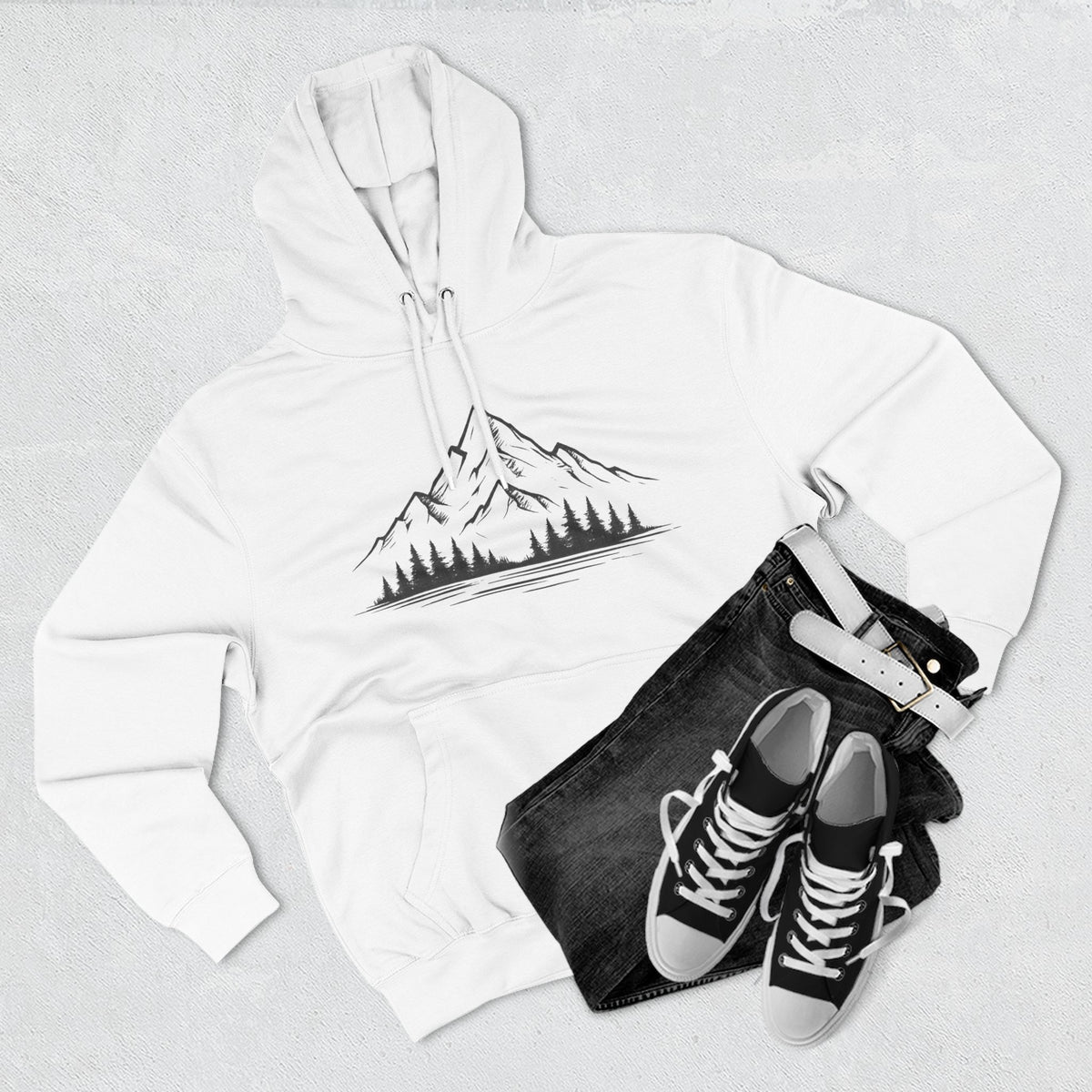 Mountain Pines Hoodie — Minimal Mountain & Forest Graphic Pullover