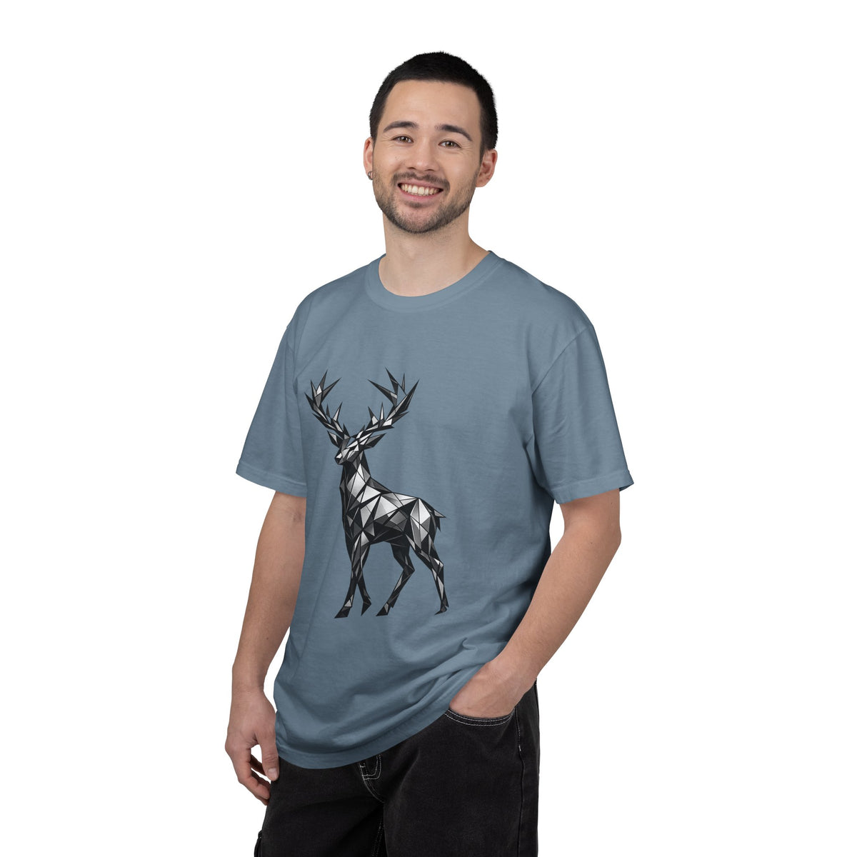 Geometric Stag T-Shirt — Black Polygon Deer Graphic Tee