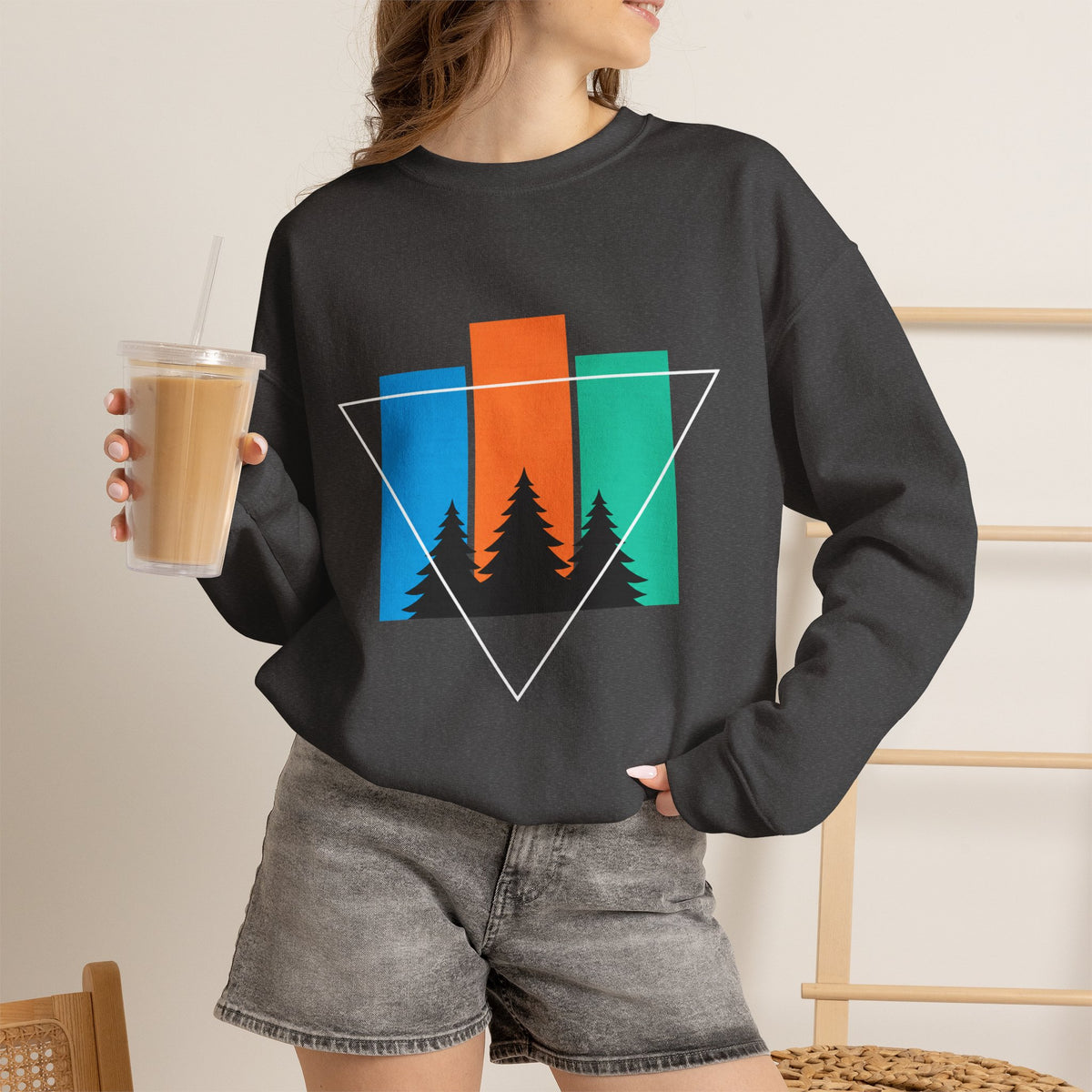 Retro Forest Crewneck Sweatshirt — Colorblock Trees Graphic
