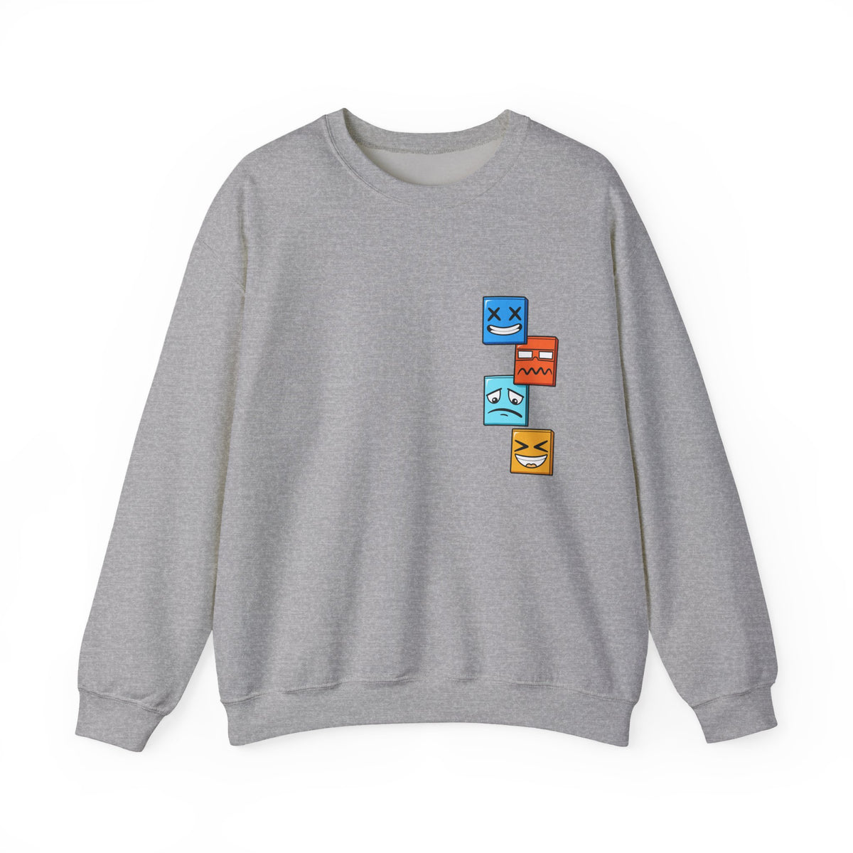 Emotional Blocks Crewneck Sweatshirt — Stacked Expressive Face Cubes Graphic