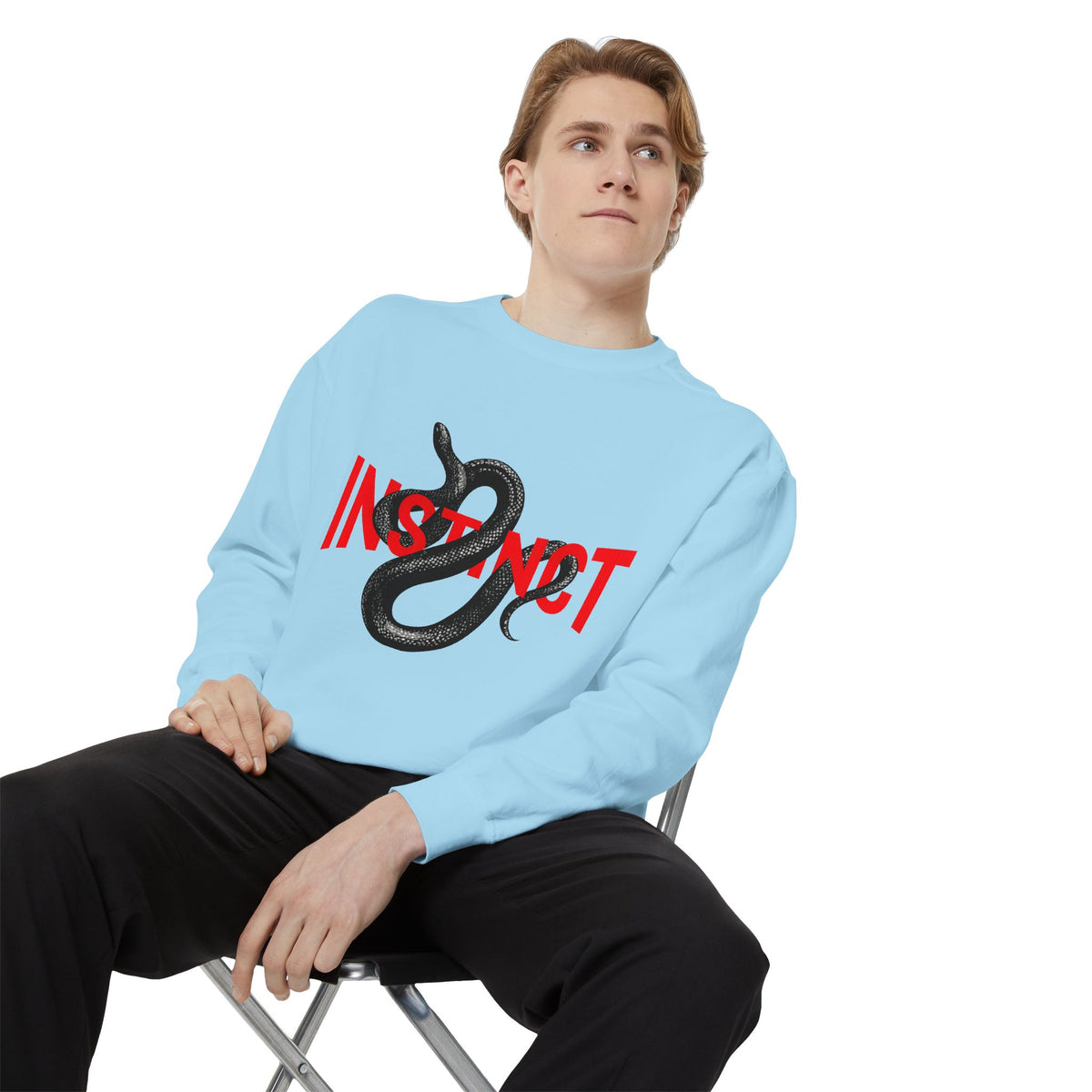 Instinct Snake Sweatshirt — Graphic Crewneck with Bold Red Text