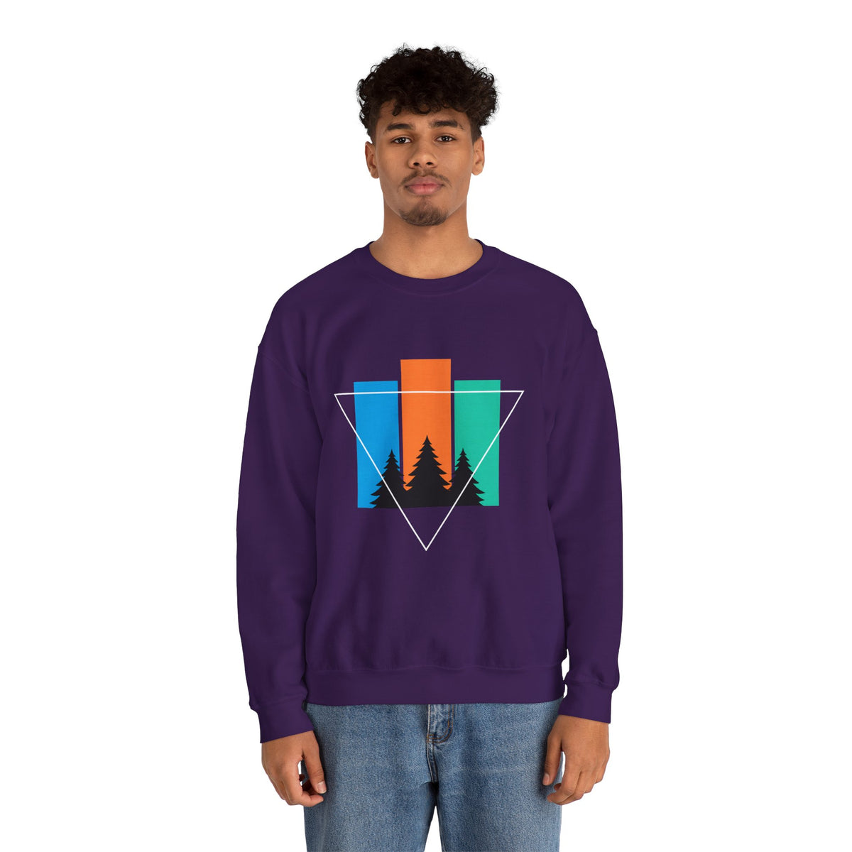 Retro Forest Crewneck Sweatshirt — Colorblock Trees Graphic
