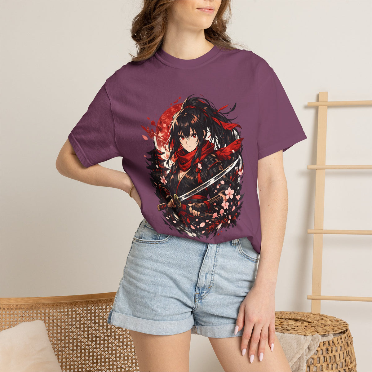 Samurai Anime Girl T-Shirt — Red Moon & Sakura Sword Art Tee