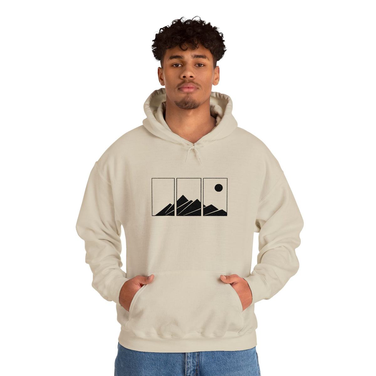 Mountain Triptych Hoodie — Minimalist Scenic Graphic Pullover Embroidered
