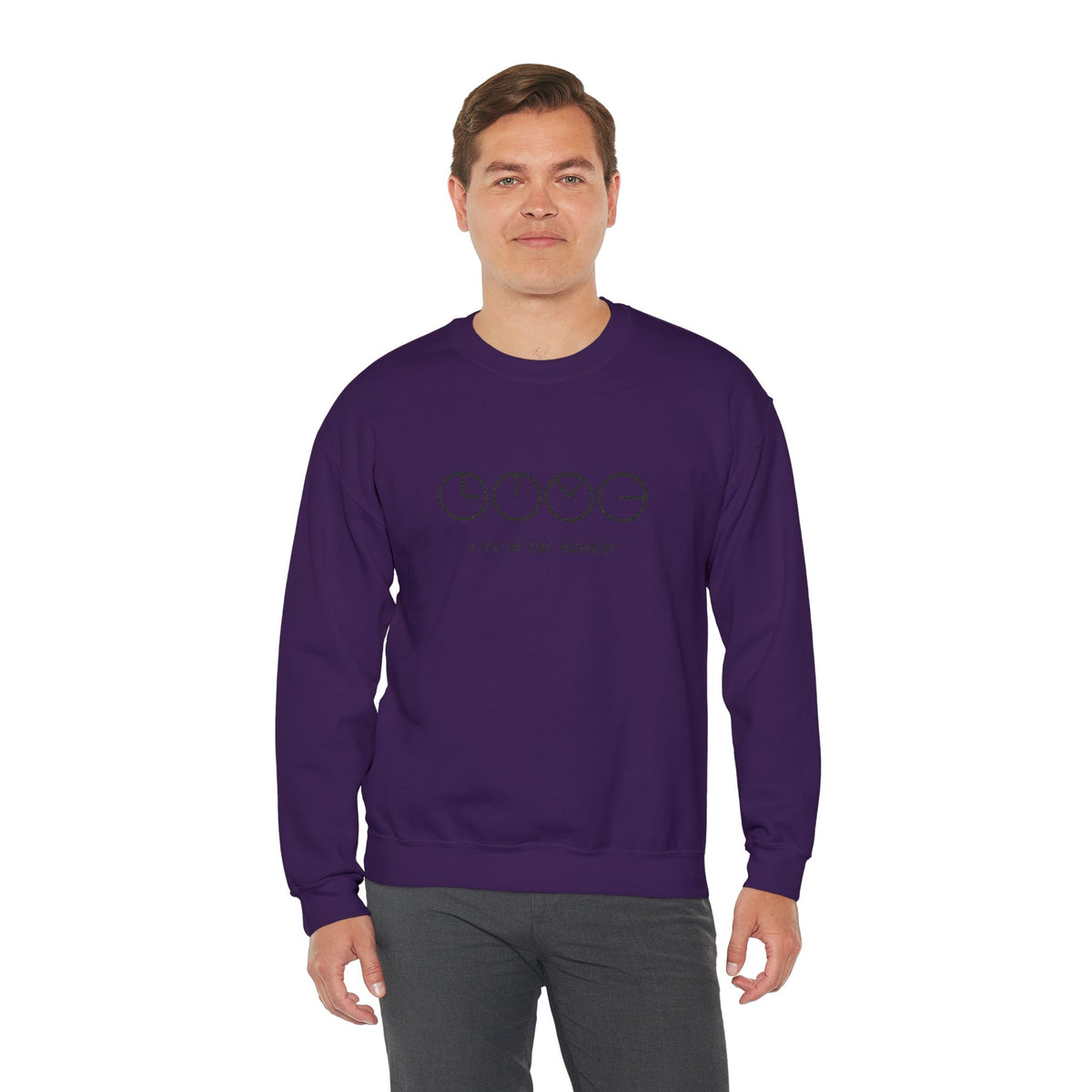 Live In The Moment Crewneck Sweatshirt — Minimal Clock Graphic Embroidered