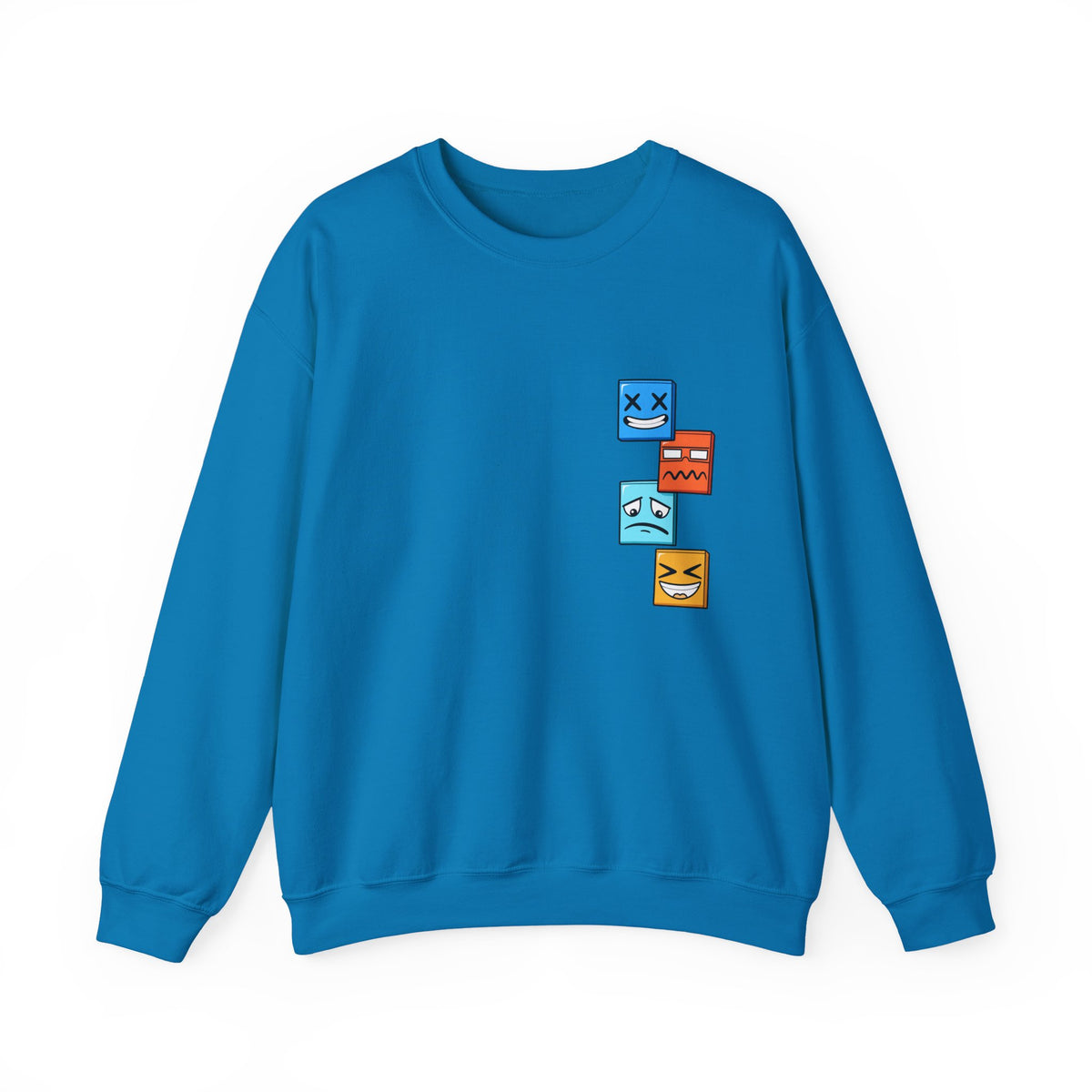 Emotional Blocks Crewneck Sweatshirt — Stacked Expressive Face Cubes Graphic