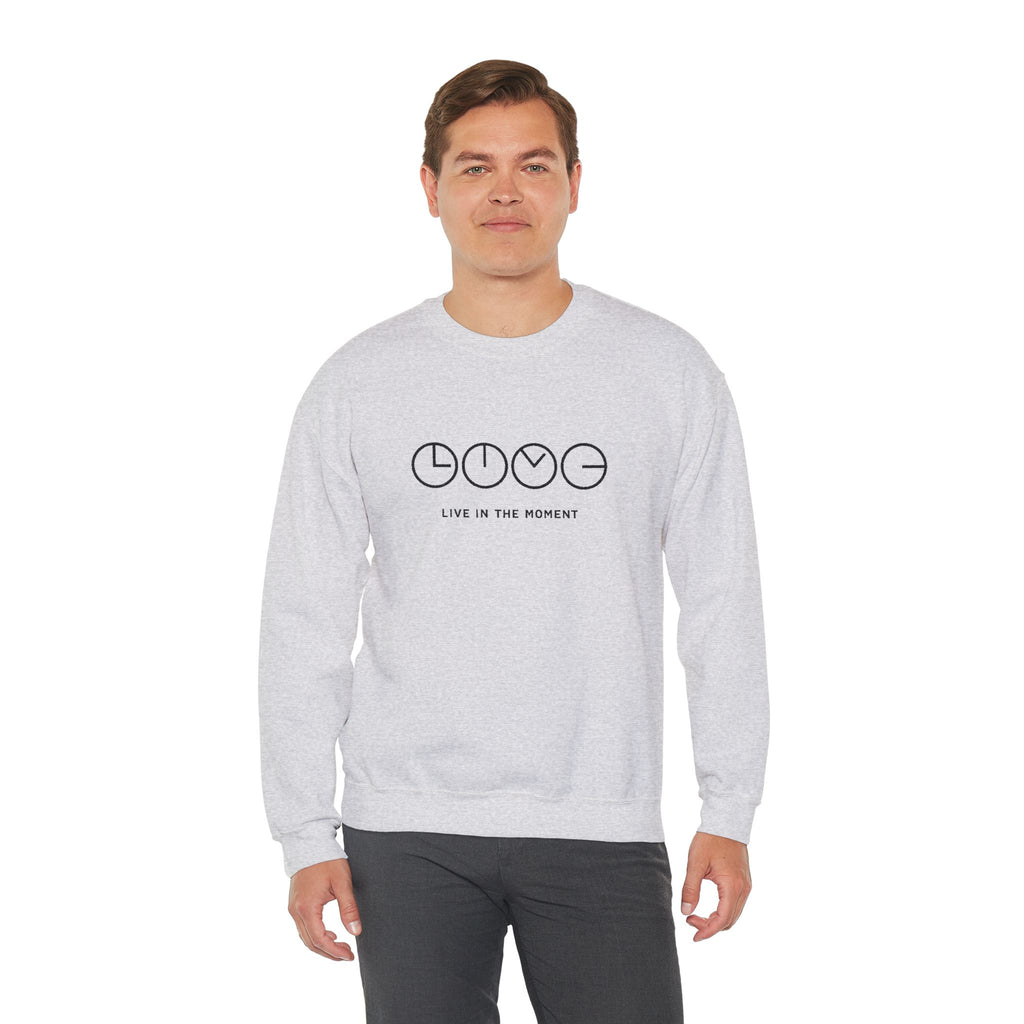 Live In The Moment Crewneck Sweatshirt — Minimal Clock Graphic Embroidered