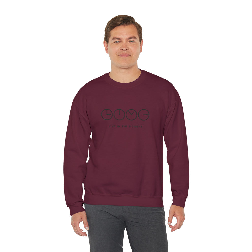 Live In The Moment Crewneck Sweatshirt — Minimal Clock Graphic Embroidered
