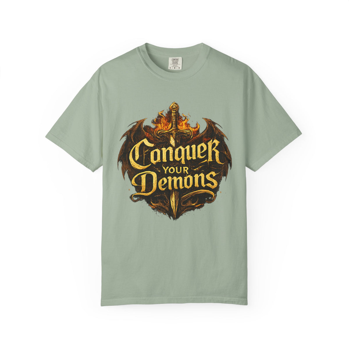 Conquer Your Demons T-Shirt — Gothic Sword & Flames Motivational Tee