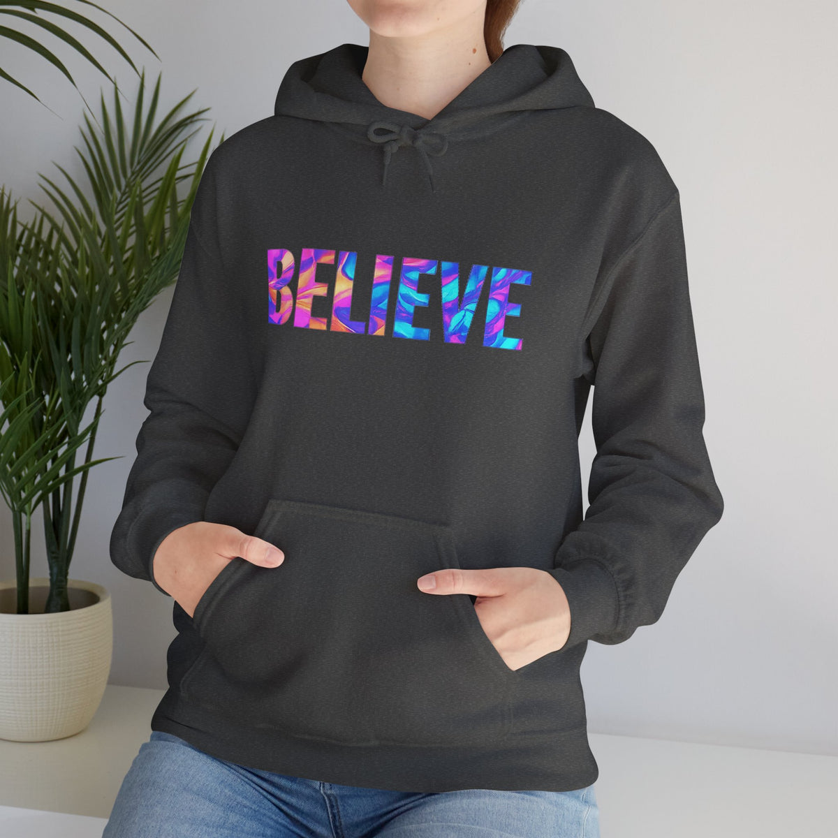 Believe in Yourself Hoodie — Colorful Watercolor Text Inspirational Sweatshirt