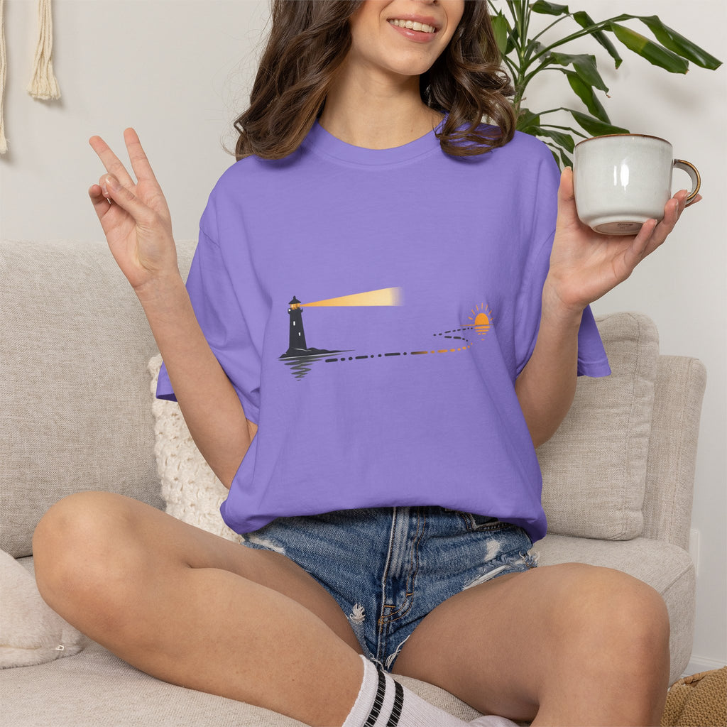 Lighthouse Sunset T-Shirt — Nautical Coastal Tee with Beacon Graphic