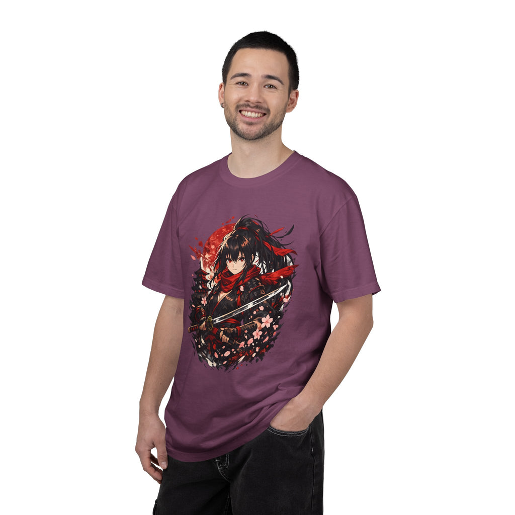 Samurai Anime Girl T-Shirt — Red Moon & Sakura Sword Art Tee