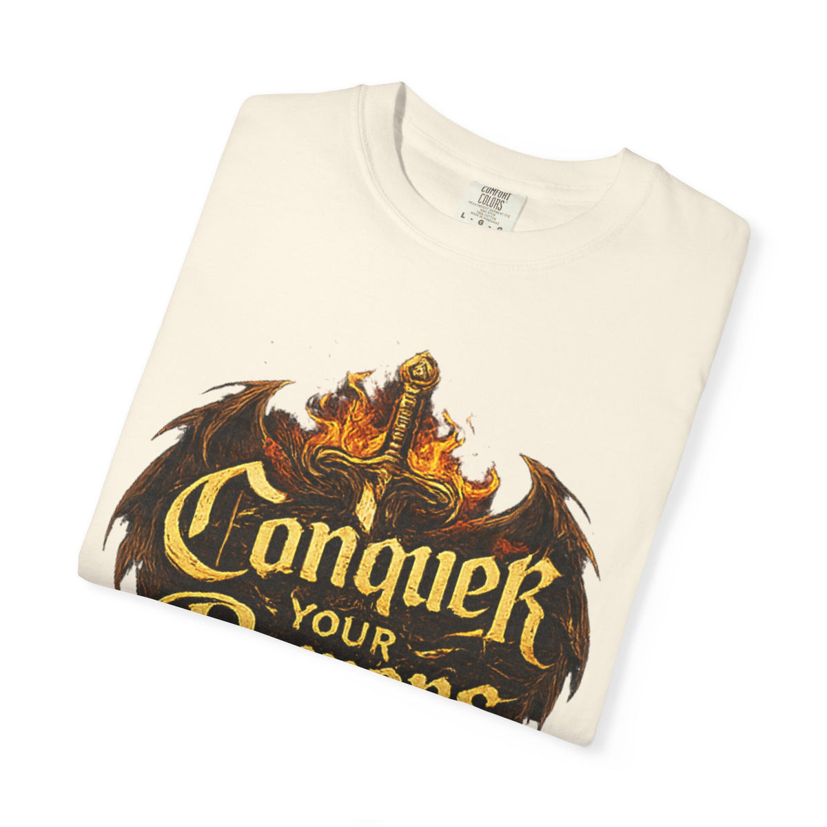 Conquer Your Demons T-Shirt — Gothic Sword & Flames Motivational Tee