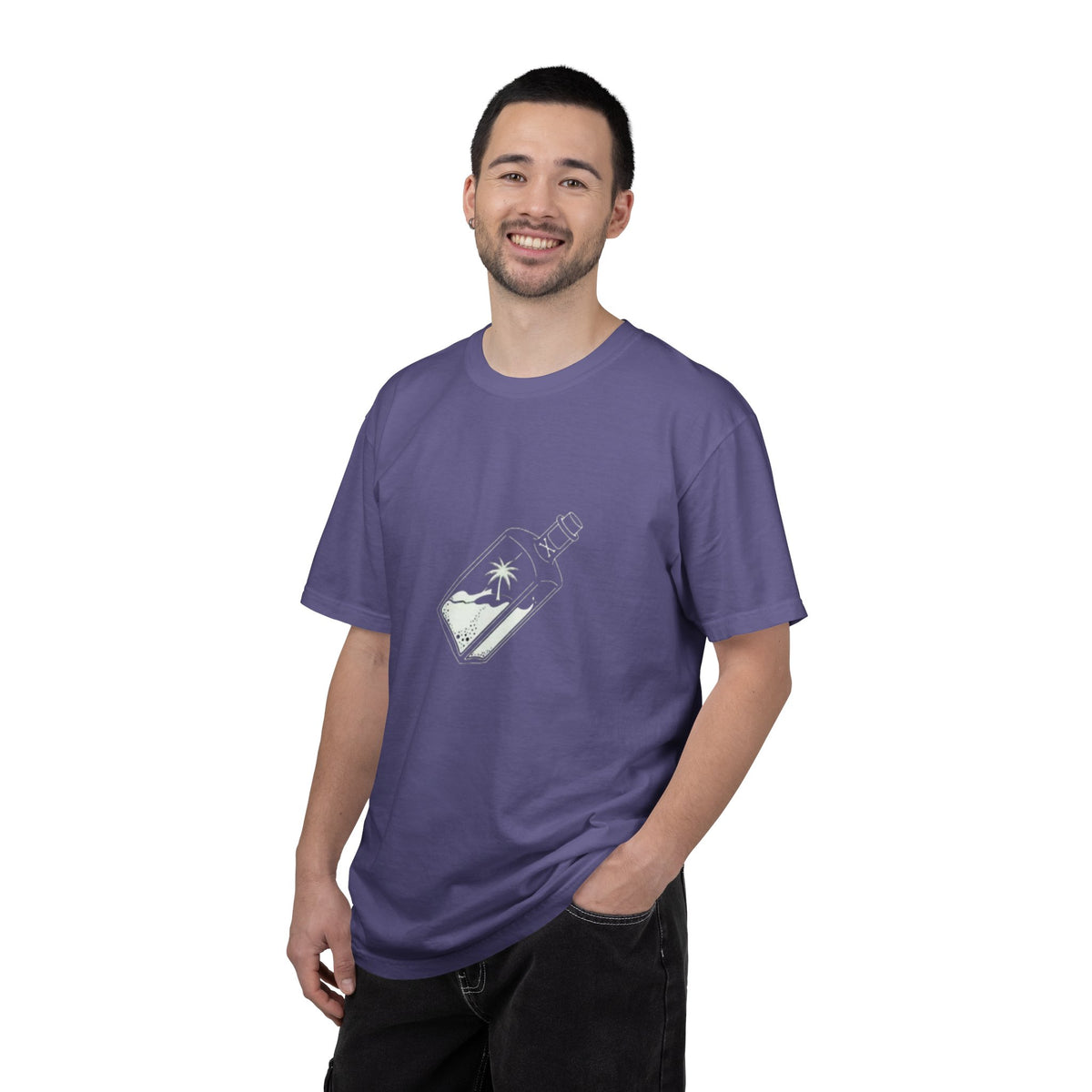 Pocket Island T‑Shirt — Minimal Bottle Isle Graphic Tee