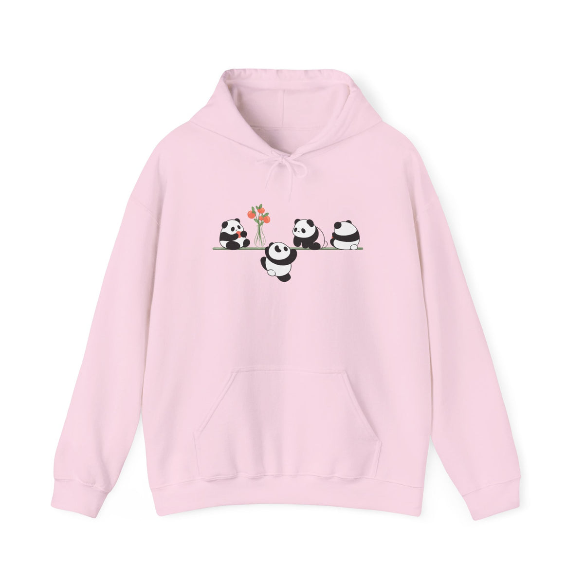 Pandas on a Line Hoodie — Cute Cartoon Pandas Holding Flower Pullover