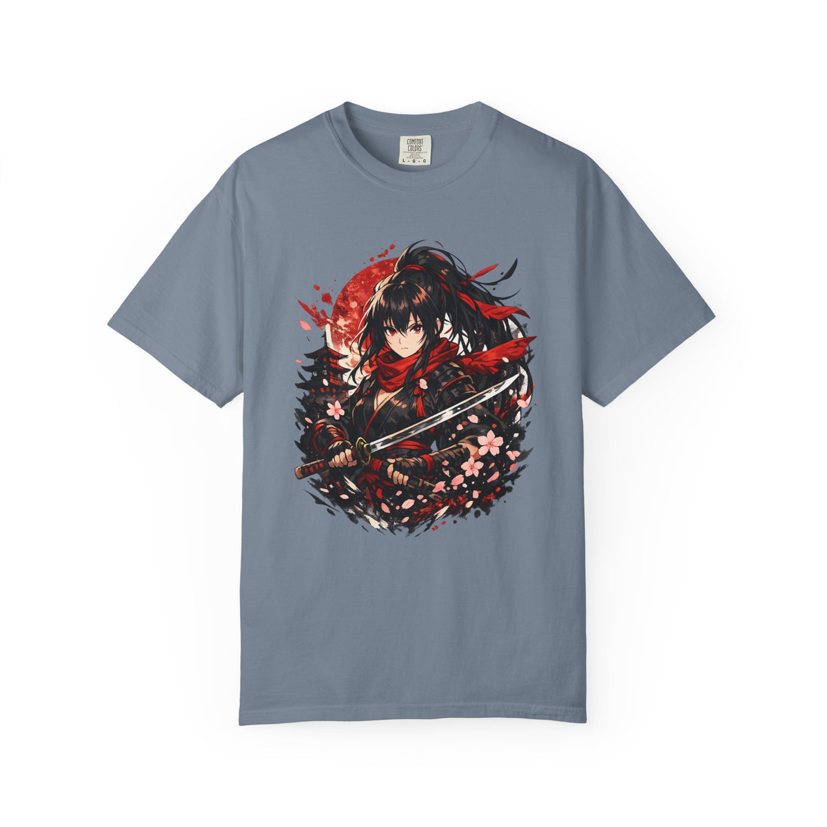 Samurai Anime Girl T-Shirt — Red Moon & Sakura Sword Art Tee