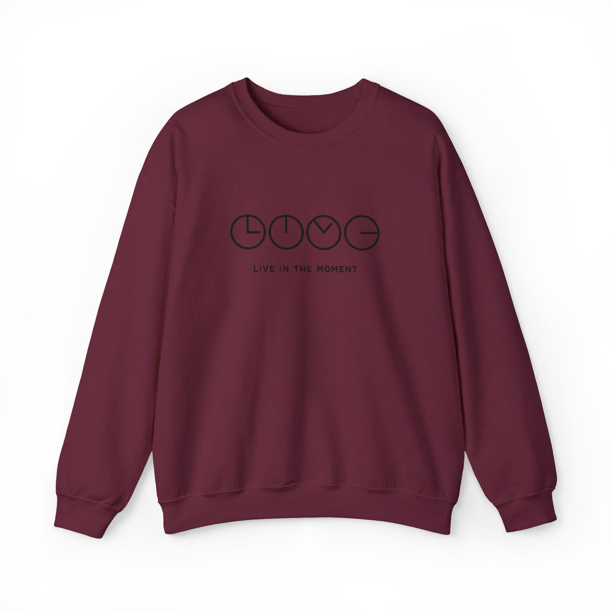 Live In The Moment Crewneck Sweatshirt — Minimal Clock Graphic Embroidered