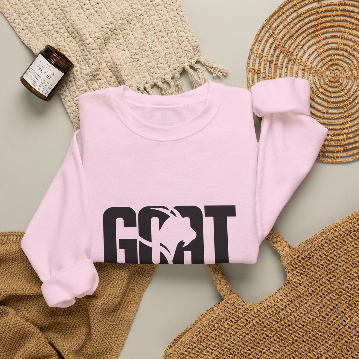 GOAT Graphic Sweatshirt — Athletic "GOAT" Logo Crewneck for Sports Fans