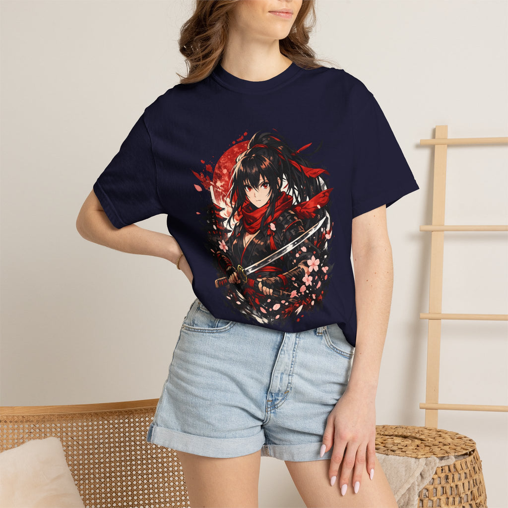 Samurai Anime Girl T-Shirt — Red Moon & Sakura Sword Art Tee