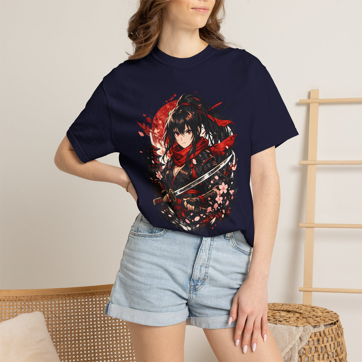 Samurai Anime Girl T-Shirt — Red Moon & Sakura Sword Art Tee