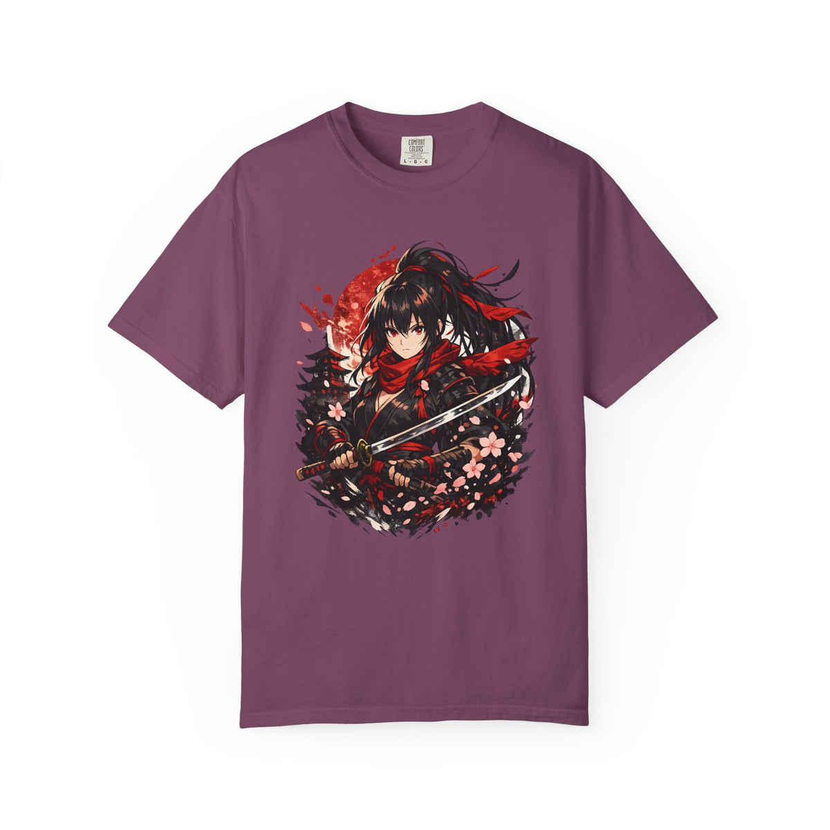 Samurai Anime Girl T-Shirt — Red Moon & Sakura Sword Art Tee
