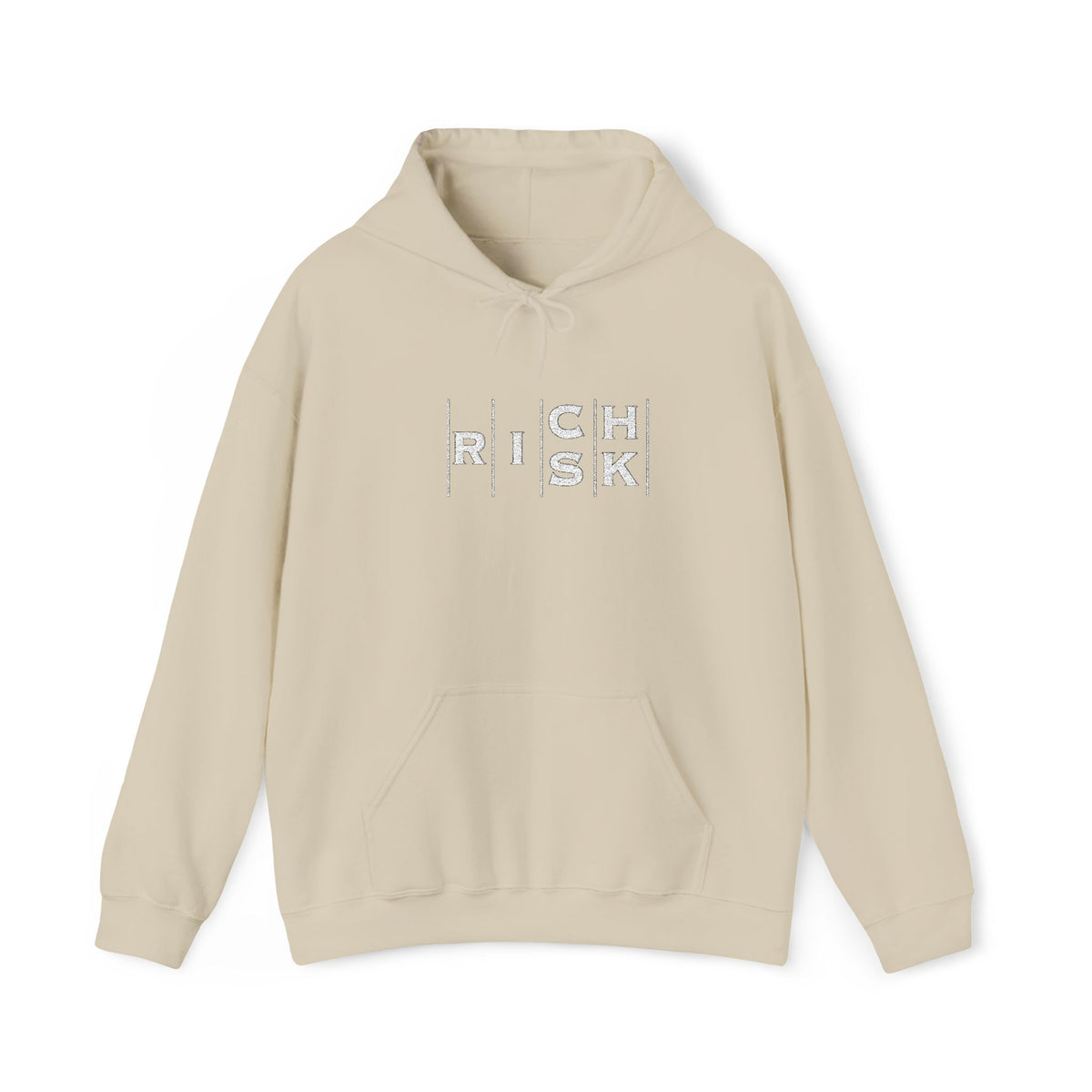 Risk/Reward Graphic Hoodie — “RISK | RICH” Distressed Text Sweatshirt