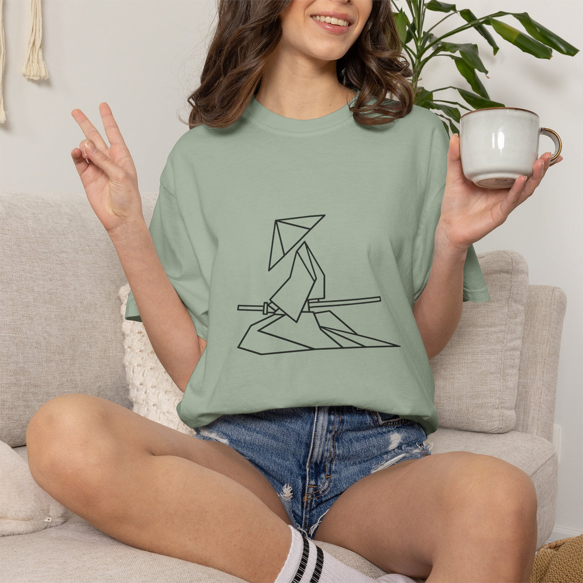 Samurai Line Art T-Shirt — Minimal Origami Swordsman Graphic Tee