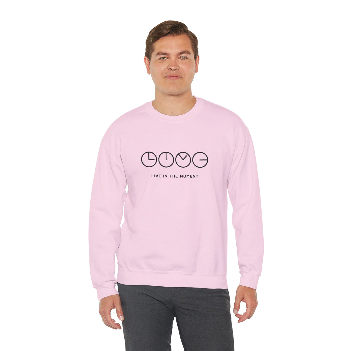 Live In The Moment Crewneck Sweatshirt — Minimal Clock Graphic Embroidered