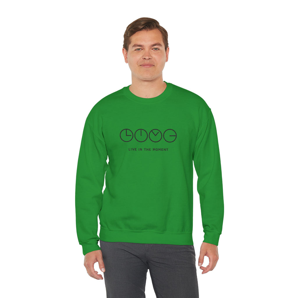 Live In The Moment Crewneck Sweatshirt — Minimal Clock Graphic Embroidered
