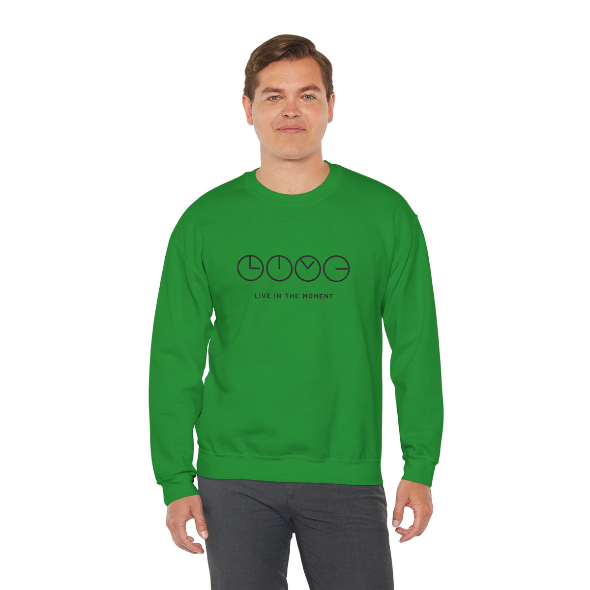 Live In The Moment Crewneck Sweatshirt — Minimal Clock Graphic Embroidered