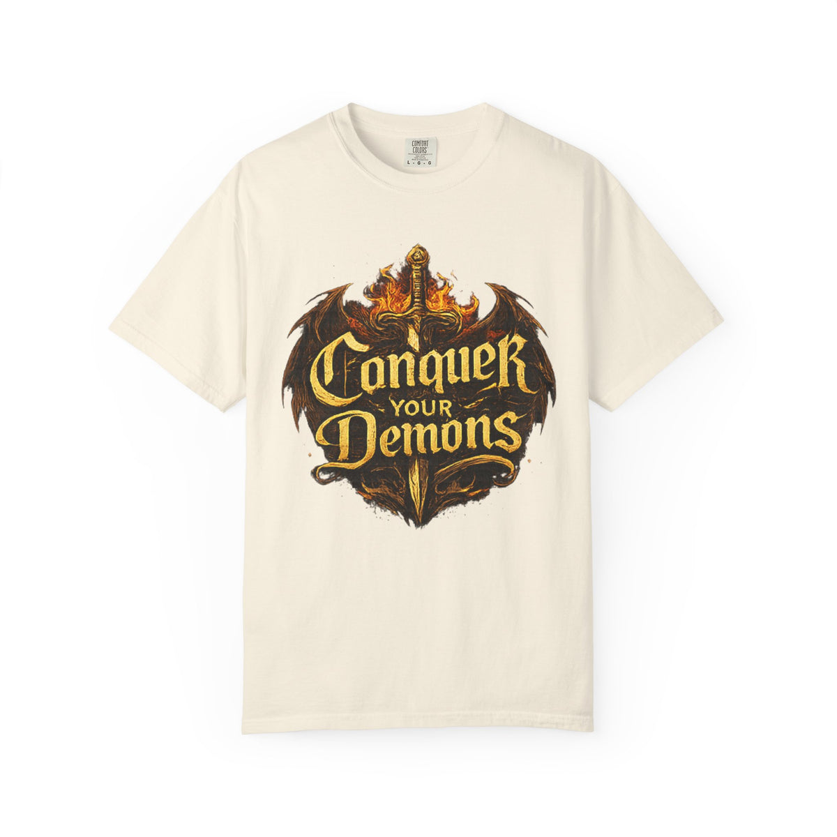 Conquer Your Demons T-Shirt — Gothic Sword & Flames Motivational Tee