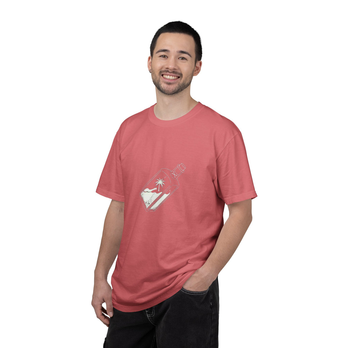 Pocket Island T‑Shirt — Minimal Bottle Isle Graphic Tee