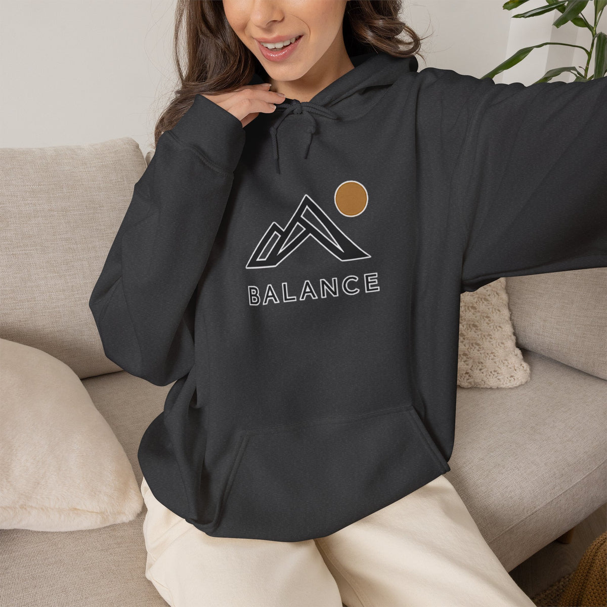 Balance Mountain Hoodie — Minimalist Sunrise Graphic Hooded Sweatshirt