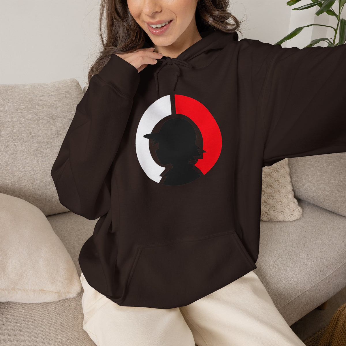 Detective Silhouette Hoodie – Minimal Red Moon Mystery Graphic