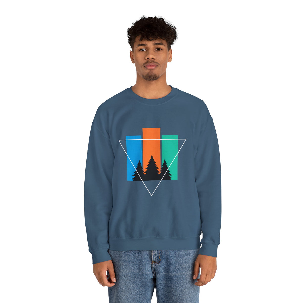Retro Forest Crewneck Sweatshirt — Colorblock Trees Graphic