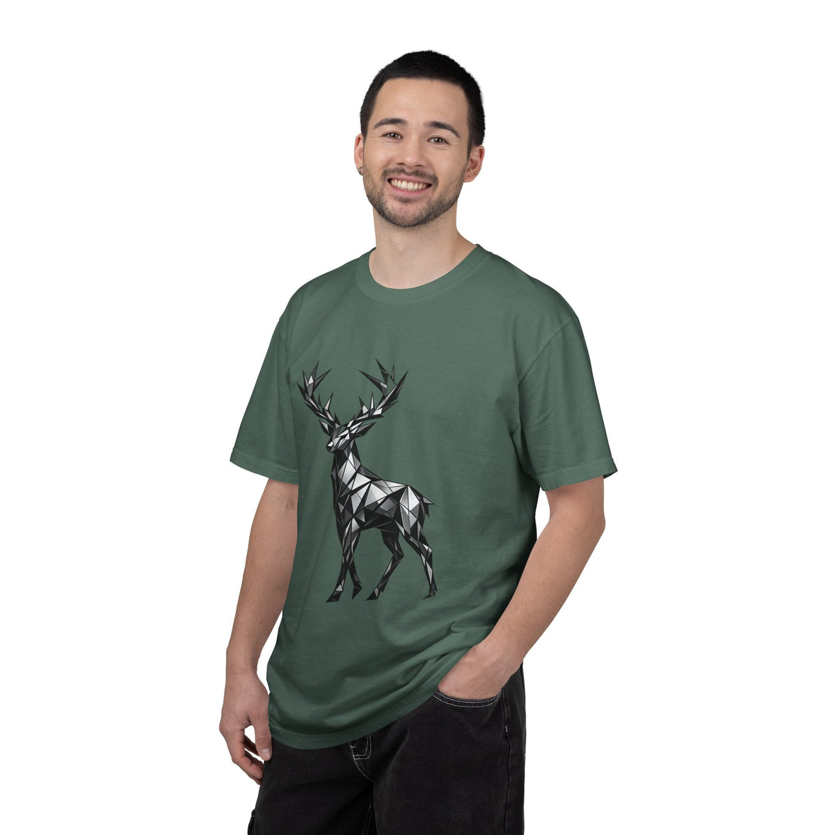 Geometric Stag T-Shirt — Black Polygon Deer Graphic Tee