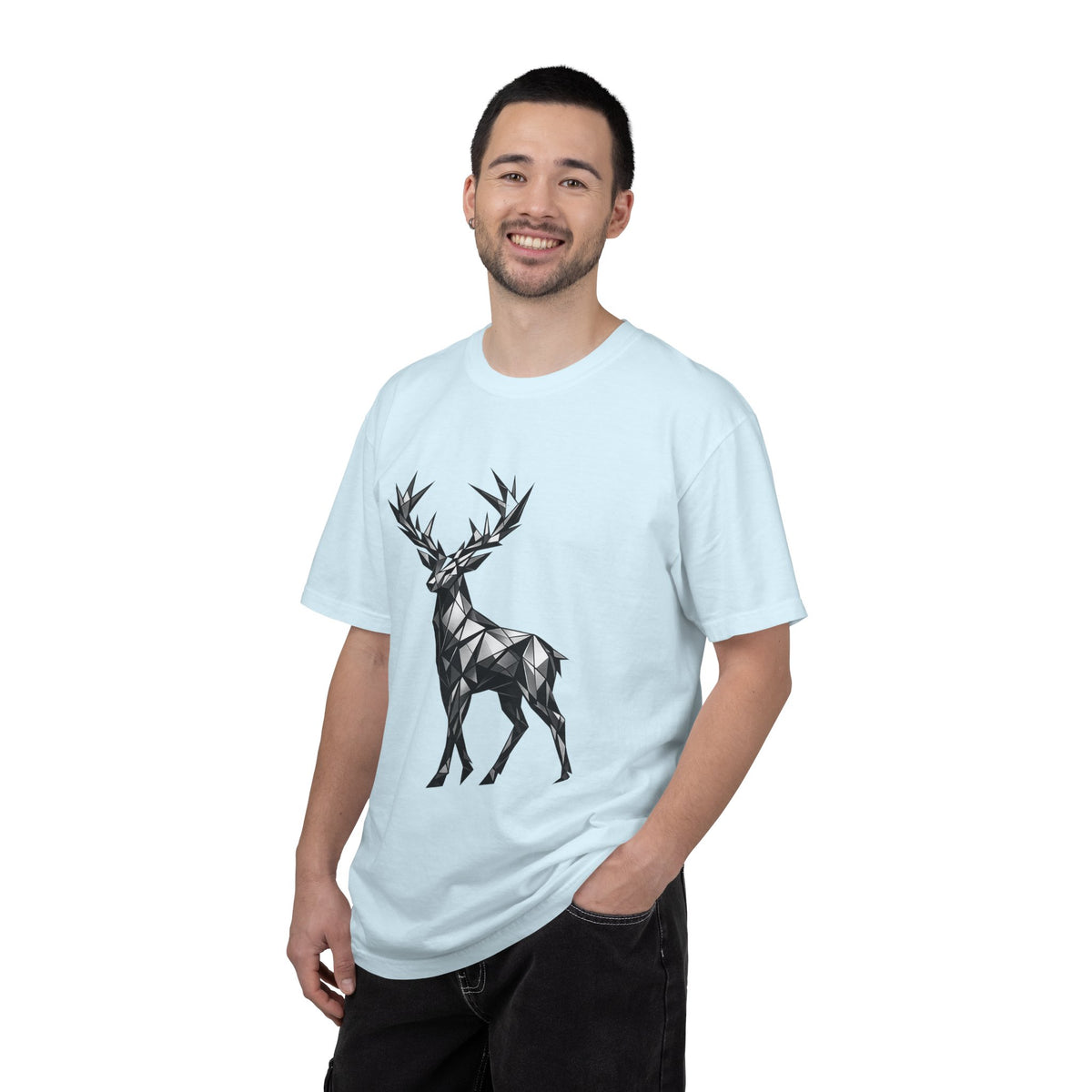 Geometric Stag T-Shirt — Black Polygon Deer Graphic Tee