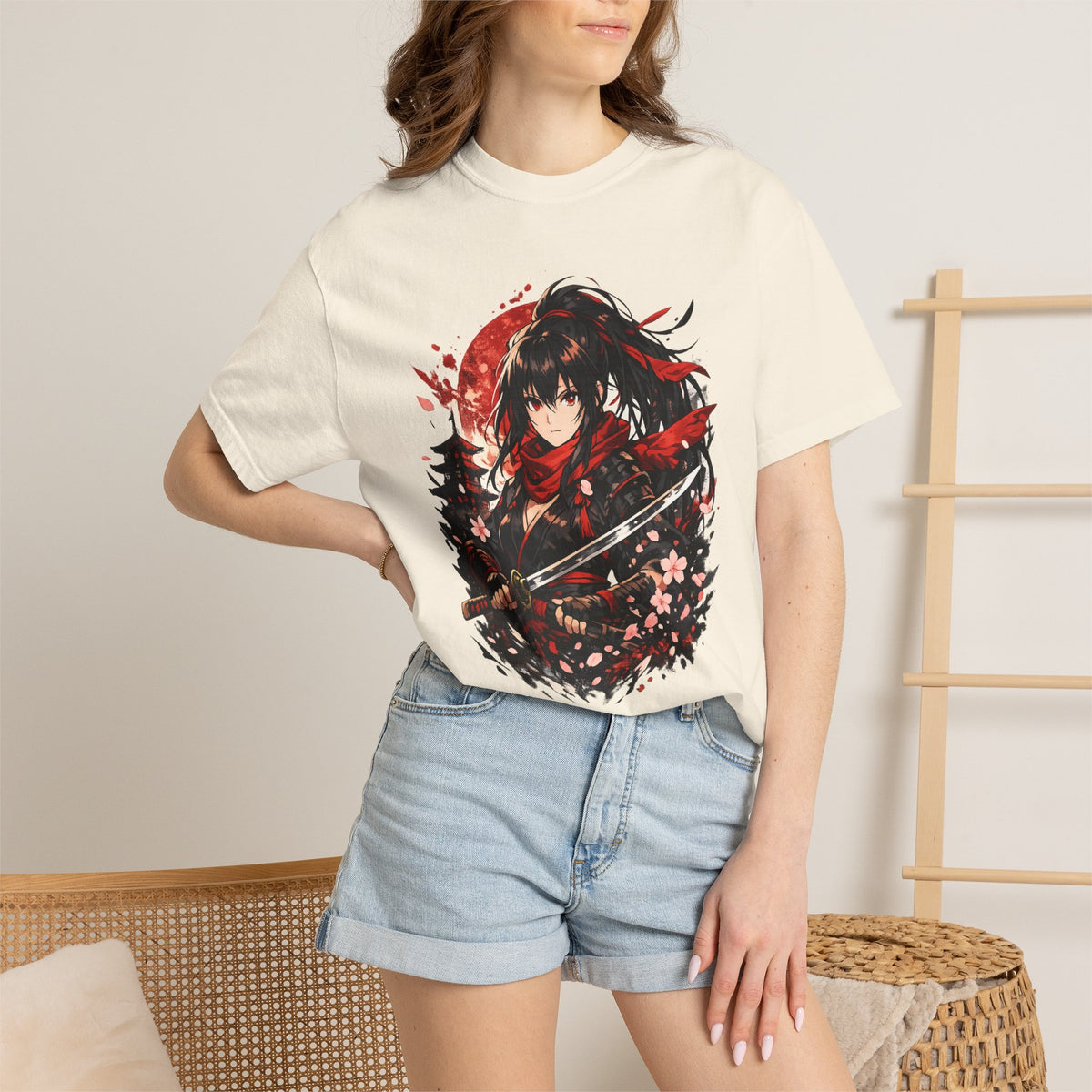Samurai Anime Girl T-Shirt — Red Moon & Sakura Sword Art Tee