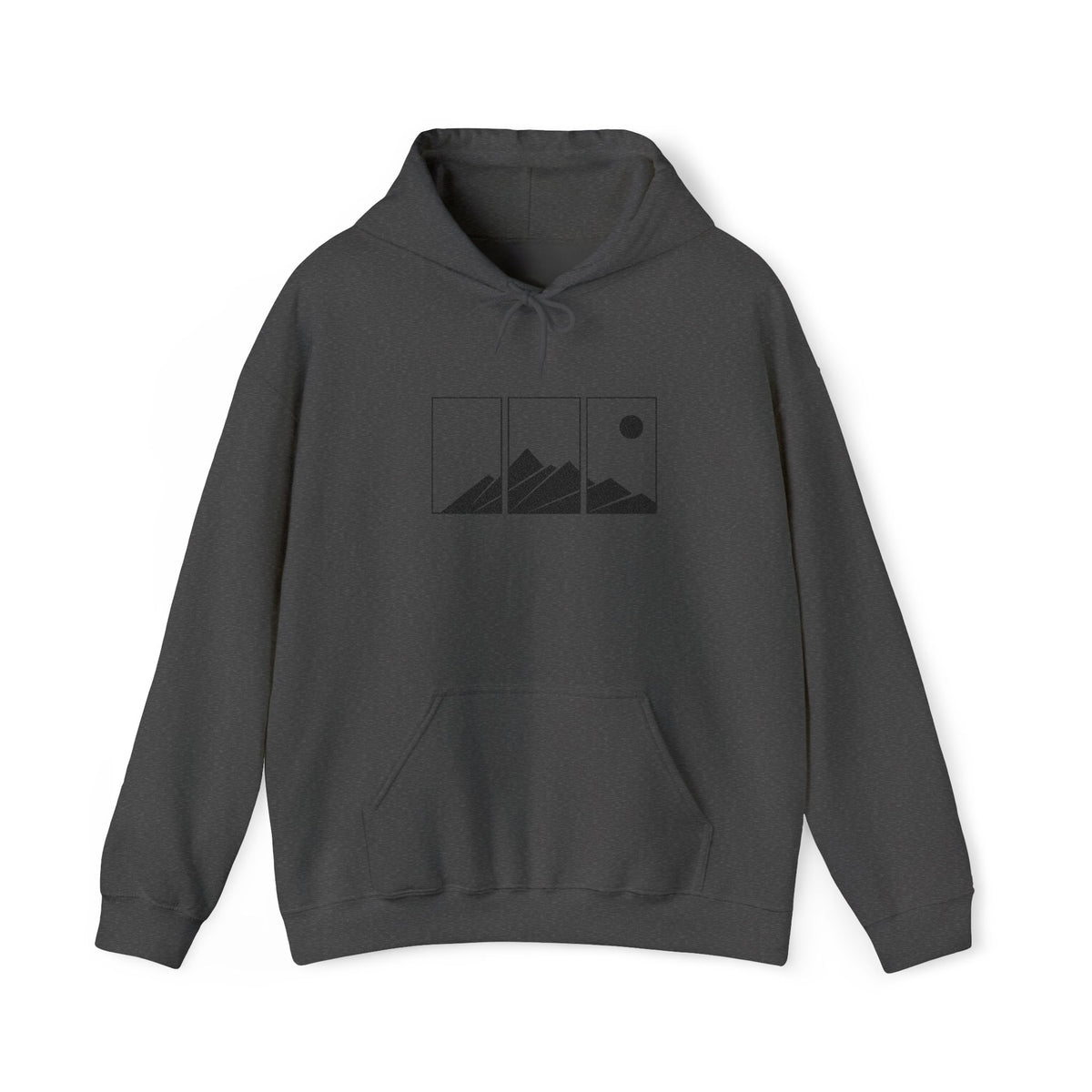 Mountain Triptych Hoodie — Minimalist Scenic Graphic Pullover Embroidered
