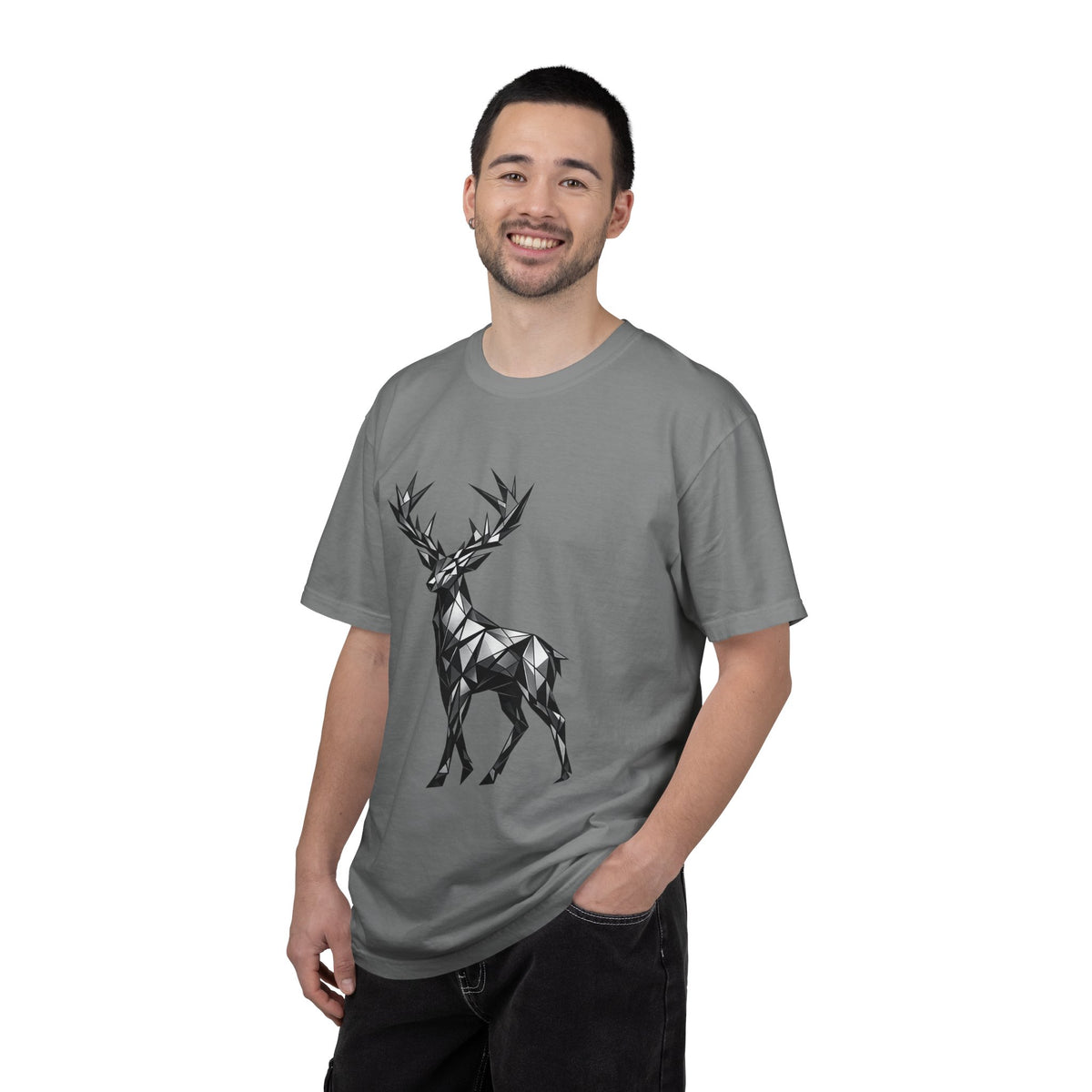 Geometric Stag T-Shirt — Black Polygon Deer Graphic Tee