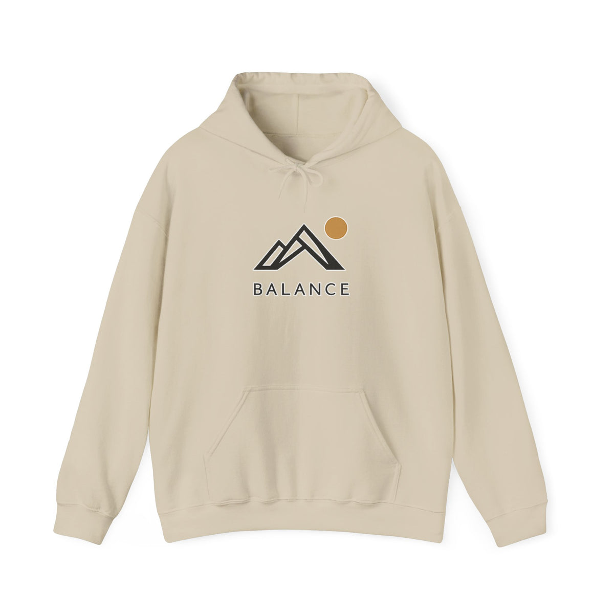Balance Mountain Hoodie — Minimalist Sunrise Graphic Hooded Sweatshirt