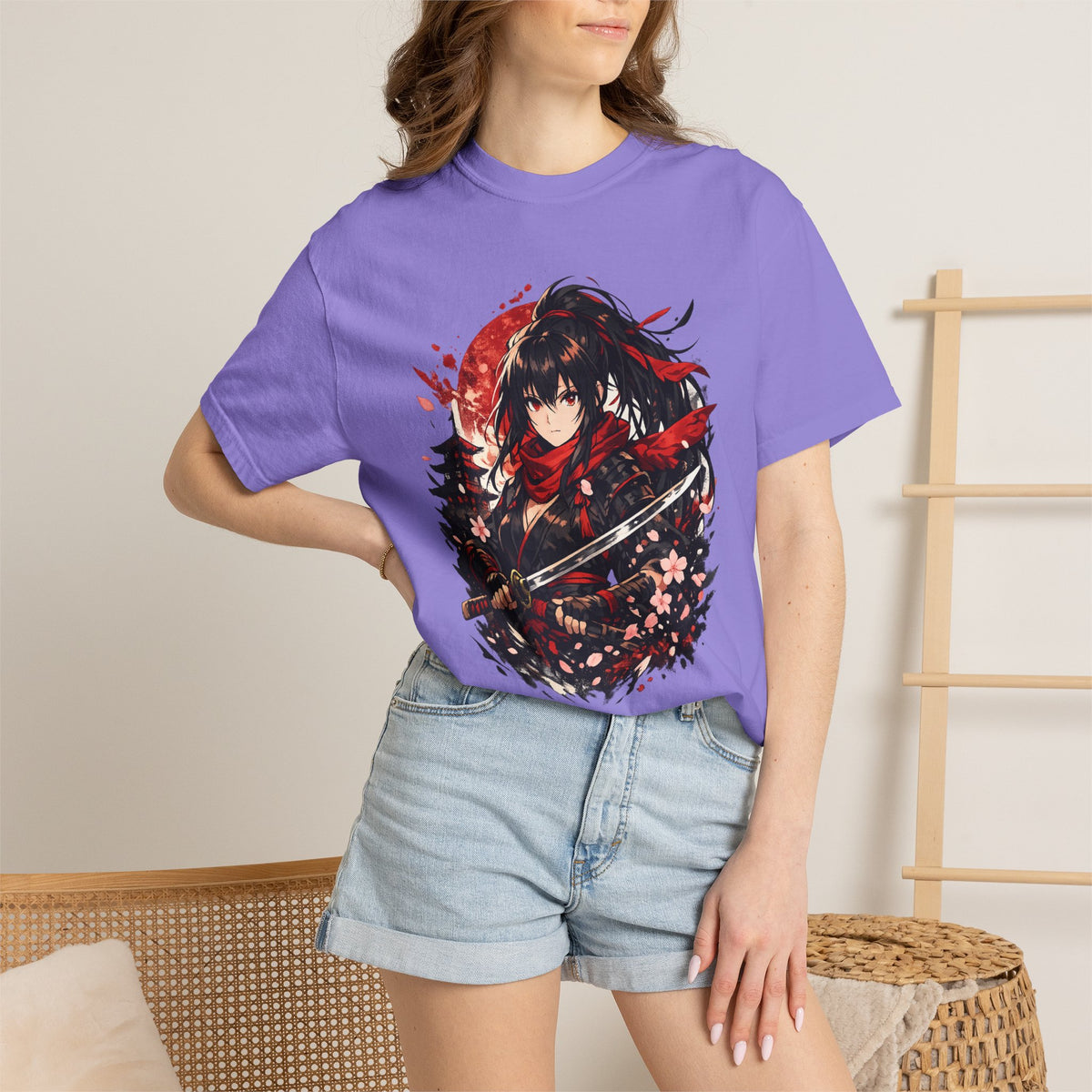 Samurai Anime Girl T-Shirt — Red Moon & Sakura Sword Art Tee