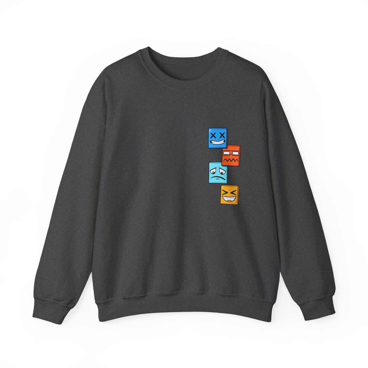 Emotional Blocks Crewneck Sweatshirt — Stacked Expressive Face Cubes Graphic