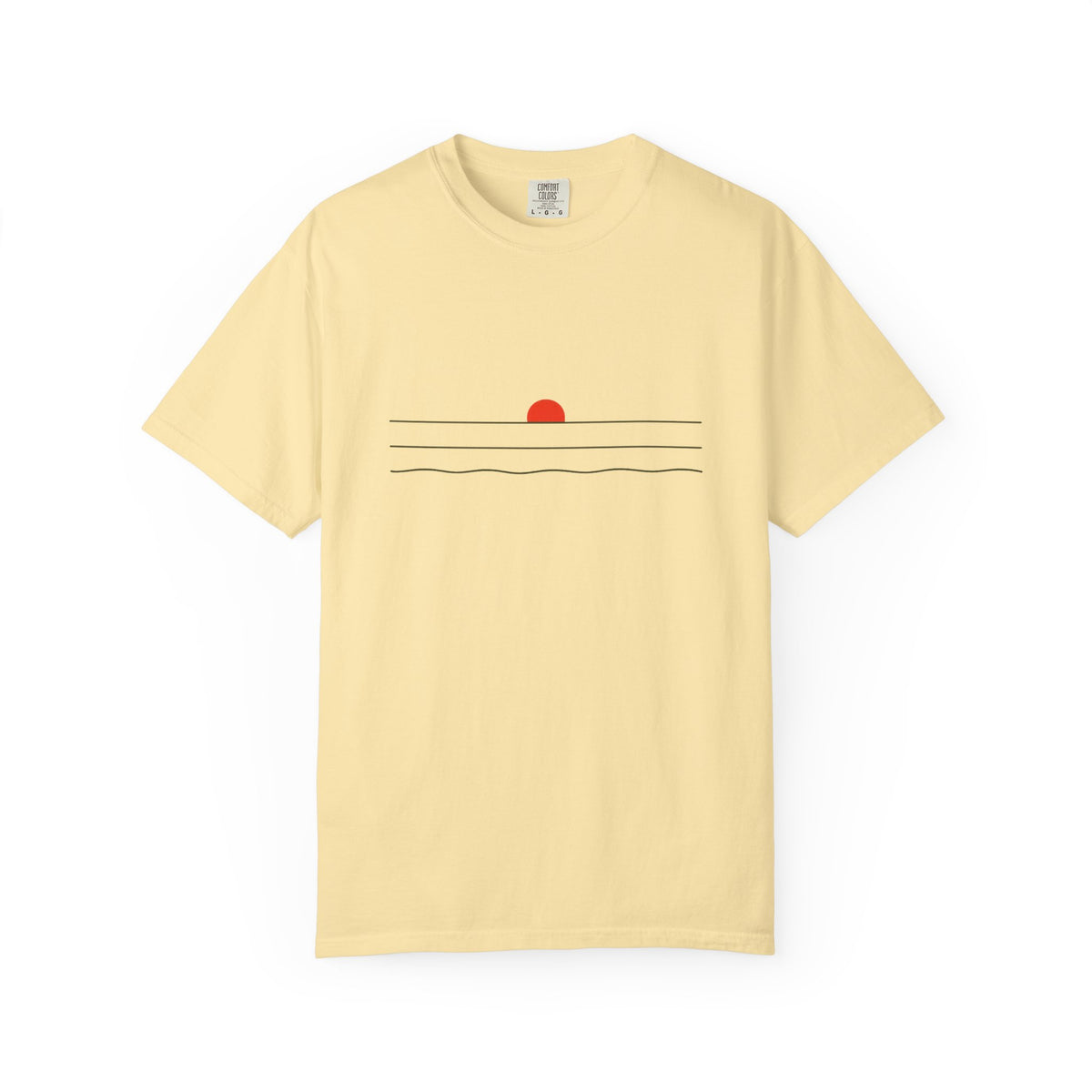Sunset Minimalist T-Shirt — Red Sun Over Wavy Lines Tee
