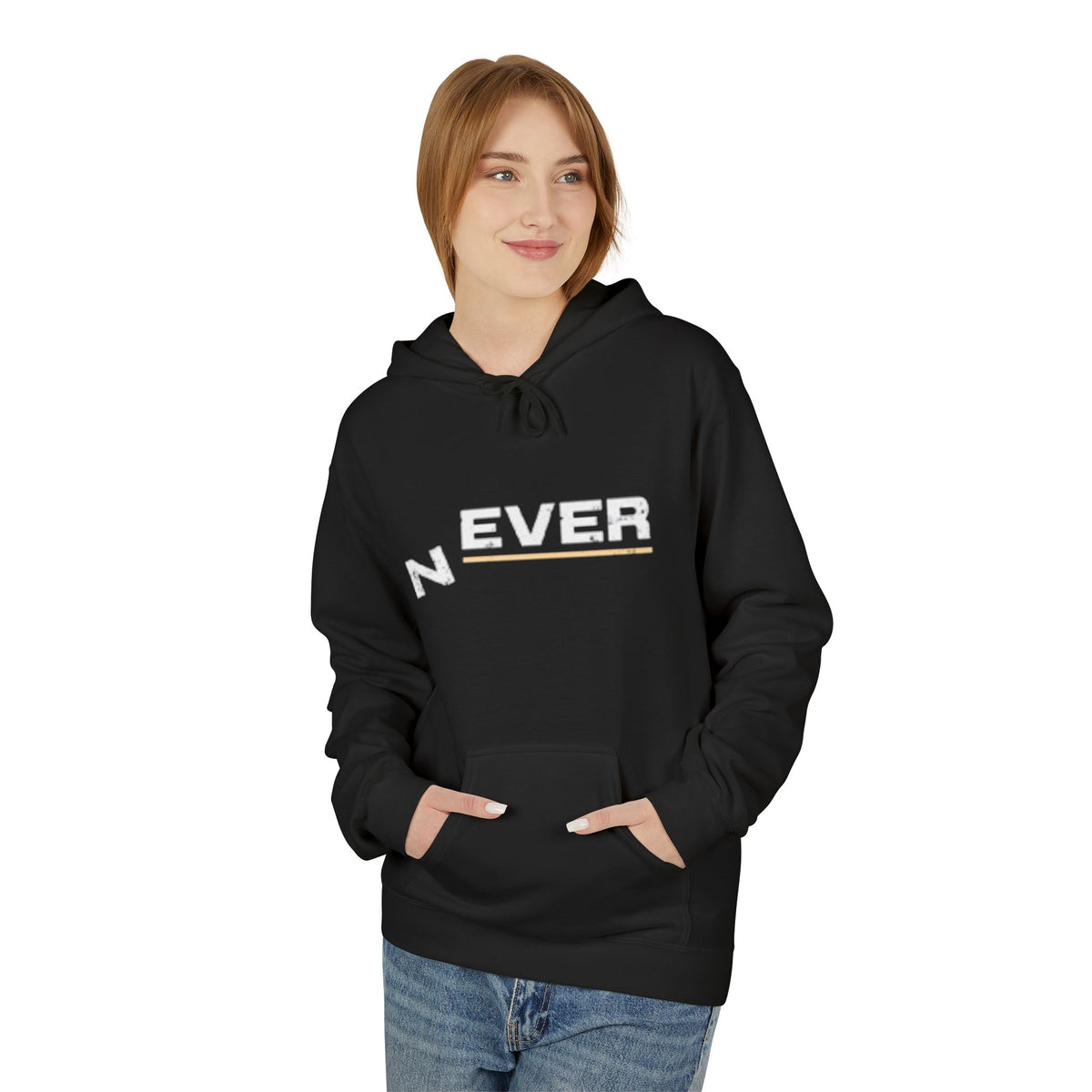 Never Typography Hoodie — Brown Casual Graphic Pullover